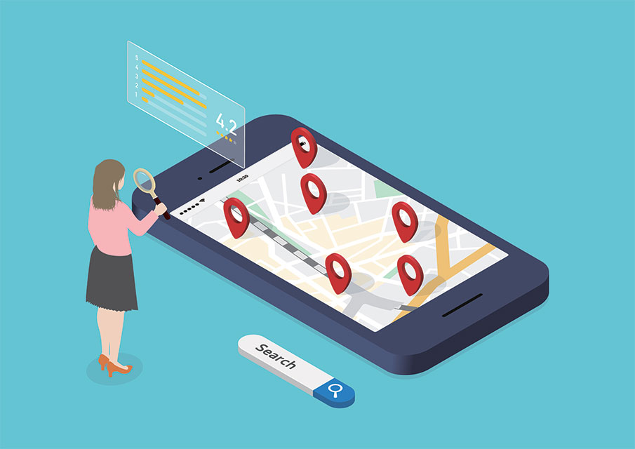 スマートフォンの地図検索で店舗を探すユーザーのイメージイラスト